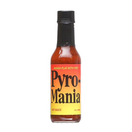 Bottle of Pyro-mania Hot Sauce with red and yellow label and black cap, 5 fl oz hot sauce bottle, UPC 793680100725
