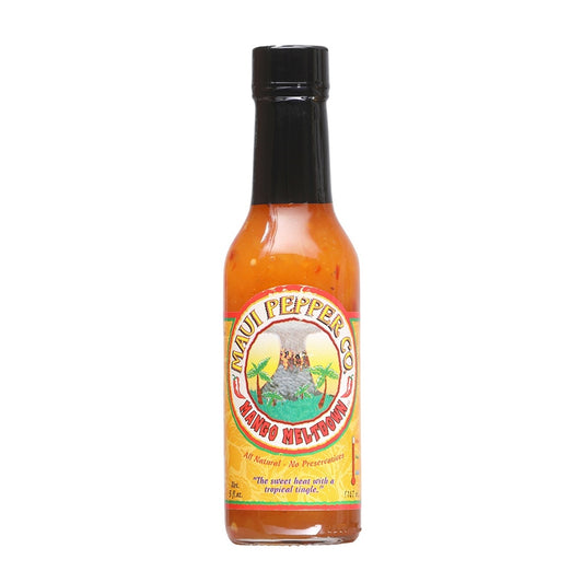 Bottle of Maui Pepper Mango Meltdown Xtreme Heat Hot Sauce with mango and habanero flavor label, 5 fl oz glass bottle, UPC 002234000115