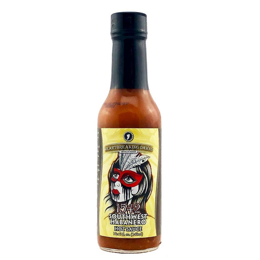 Heartbreaking Dawn’s 1542 Southwest Habanero Hot Sauce bottle featuring chocolate habanero pepper blend in 5 fl oz glass bottle