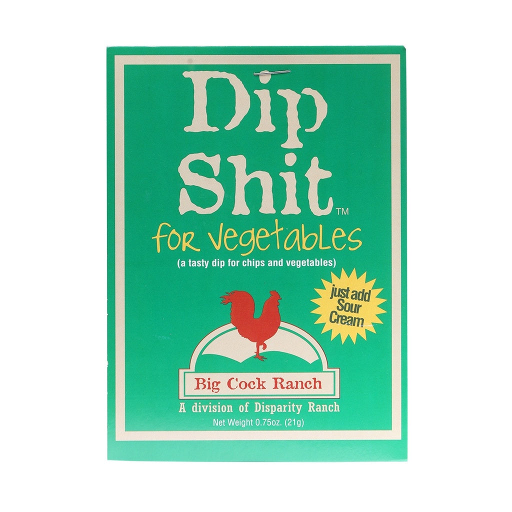 Product packaging for 'Dip Shit for Vegetables' with a green background and text.