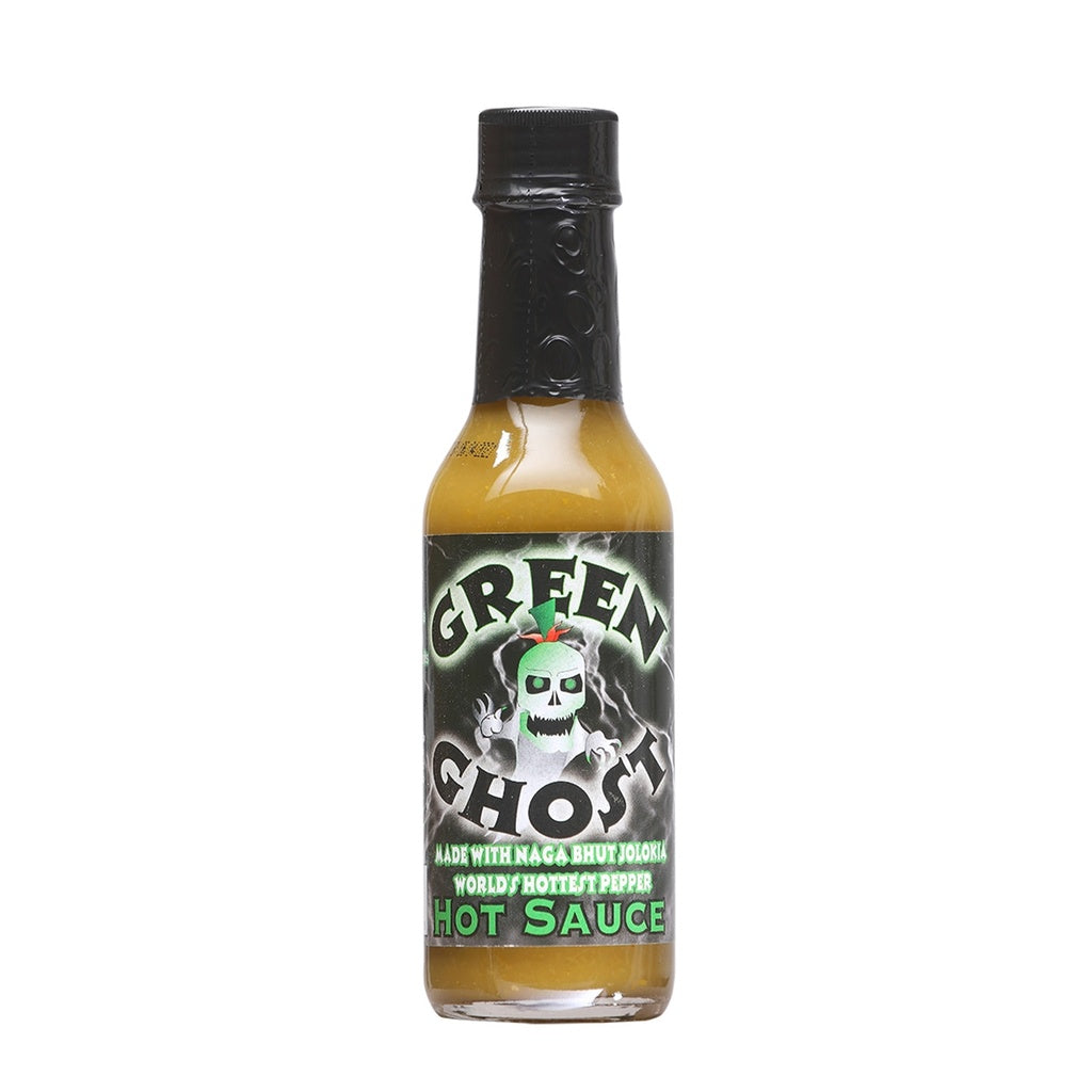Glass bottle of Garden Row Green Ghost Hot Sauce filled with green hot sauce and black cap, 5 fl oz, UPC 793680101135