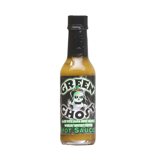 Glass bottle of Garden Row Green Ghost Hot Sauce filled with green hot sauce and black cap, 5 fl oz, UPC 793680101135