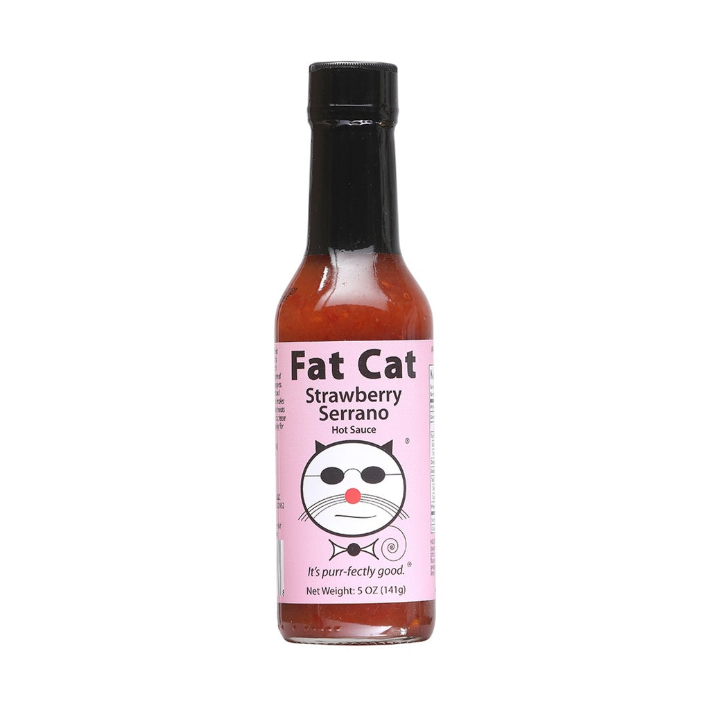 Fat Cat Strawberry Serrano hot sauce bottle on a white background