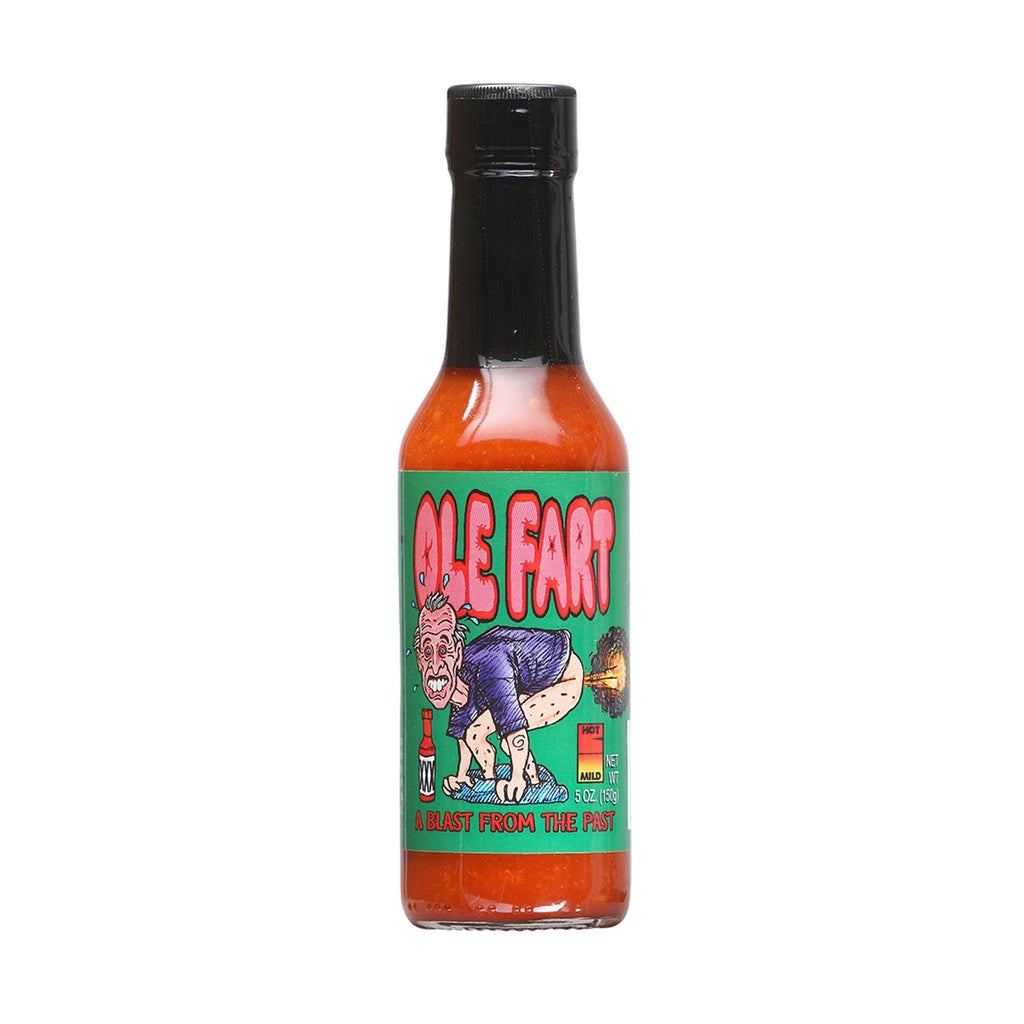 Bottle of Ole Fart Hot Sauce with a bold novelty label, filled with orange-red hot sauce, featuring Fireworks Fiery Foods branding and a humorous retro design, 5 fl oz bottle, UPC 735051040520