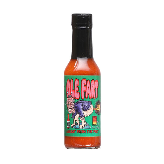 Bottle of Ole Fart Hot Sauce with a bold novelty label, filled with orange-red hot sauce, featuring Fireworks Fiery Foods branding and a humorous retro design, 5 fl oz bottle, UPC 735051040520