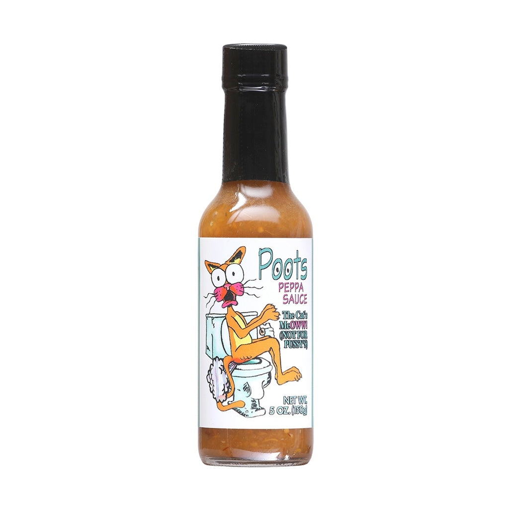 Bottle of Poots Peppa Sauce featuring a cartoon cat sitting on a toilet, labeled “The Cat’s Meow… Not for Pussys,” containing a thick orange tropical hot sauce made with mango, habanero, and Scotch bonnet peppers. UPC 735051030712