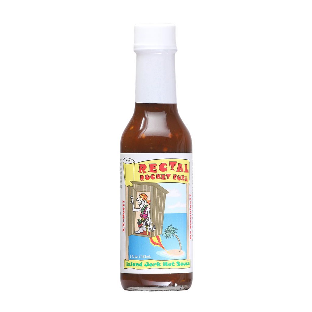 Glass bottle of Rectal Rocket Fuel Island Jerk Hot Sauce with white cap and illustrated label showing a rocket-themed character; filled with dark brown Caribbean-style hot sauce; labeled 5 fl oz.