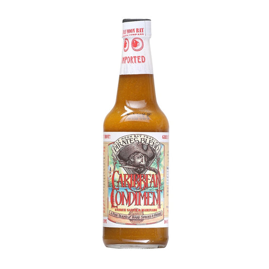 Glass bottle of Pirates Blend Caribbean Condiment Unique Sauce &amp; Marinade with tan and red label and golden sauce inside, 12 fl oz, UPC 751059900055