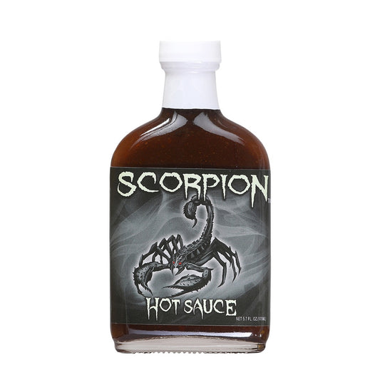 Glass bottle of Scorpion Hot Sauce with white cap and dark label featuring a scorpion graphic; filled with deep brown hot sauce; labeled 5.7 fl oz.