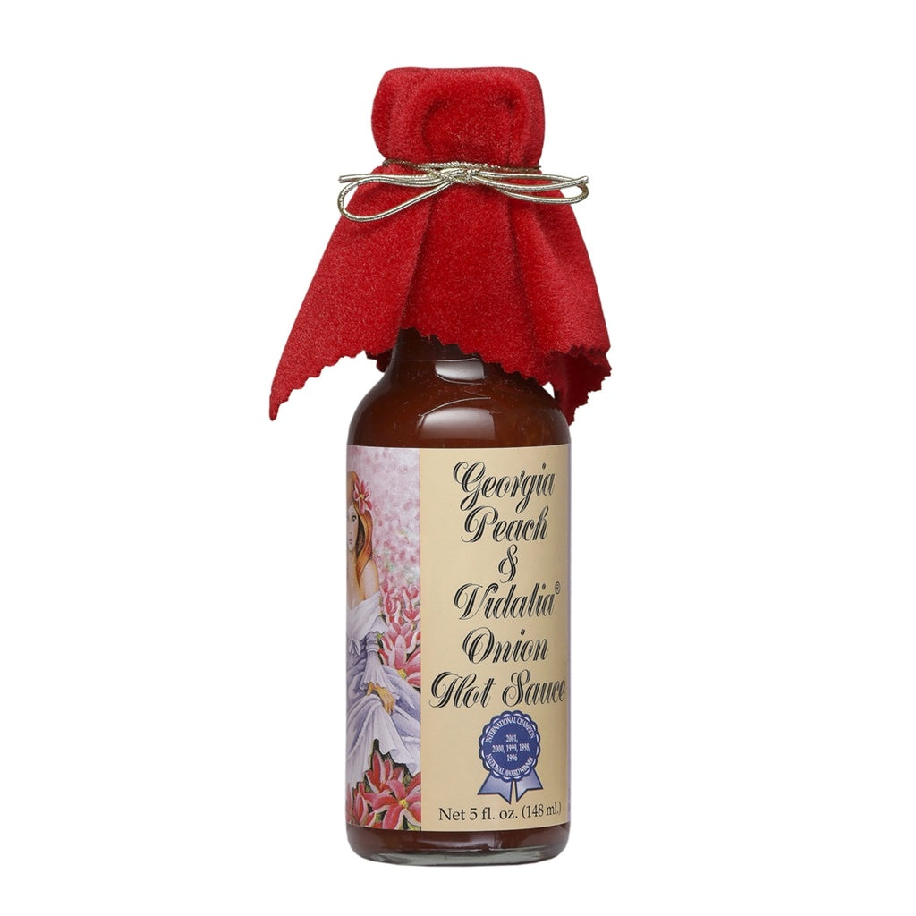 Peppers Georgia Peach & Vidalia® Onion Hot Sauce 5 oz gourmet hot sauce with signature red velvet bottle topper, made with Georgia peaches, Vidalia® onions, and jalapeño peppers, UPC 786784199535.