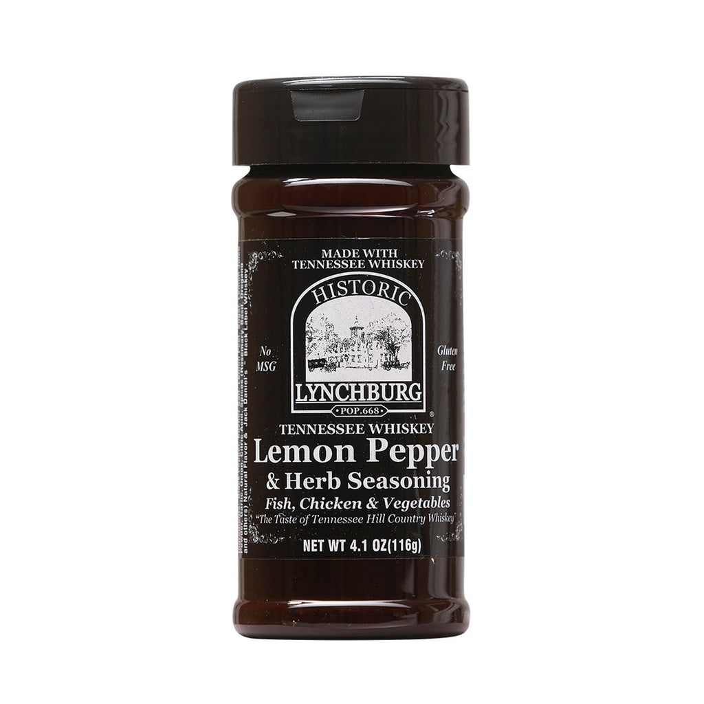 Plastic seasoning jar of Historic Lynchburg Tennessee Whiskey Lemon Pepper &amp; Herb Seasoning with dark label, black cap, and fine spice blend inside; labeled 4.1 oz.