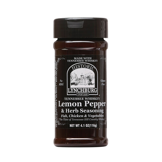 Plastic seasoning jar of Historic Lynchburg Tennessee Whiskey Lemon Pepper &amp; Herb Seasoning with dark label, black cap, and fine spice blend inside; labeled 4.1 oz.