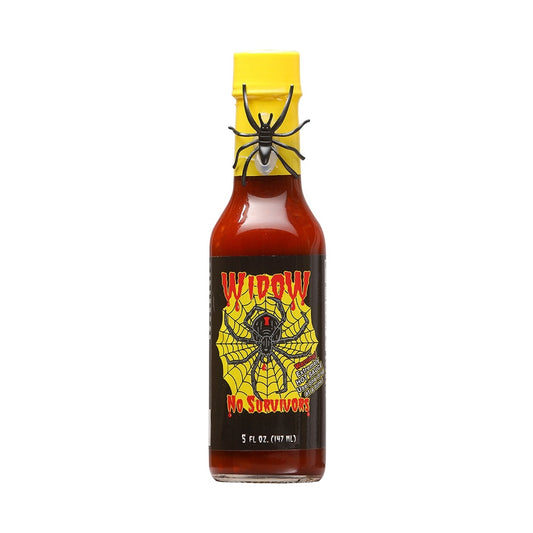Glass bottle of Widow No Survivors Hot Sauce with yellow cap, black label featuring a spider graphic, and red sauce inside; labeled 5 fl oz with decorative plastic spider attached.