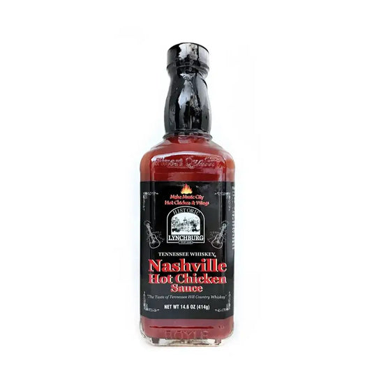 Glass bottle of Historic Lynchburg Tennessee Whiskey Nashville Hot Chicken Sauce with black label and black cap, filled with deep red hot sauce; labeled 14.6 oz.