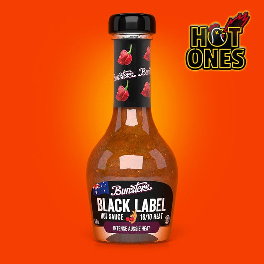 Bunsters Black Label Hot Sauce with Trinidad Scorpion and Bird's Eye chillies, orange juice, garlic and lime in a 5 oz bottle, an insane Heat Level 10 sauce featured on Hot Ones Season 6.