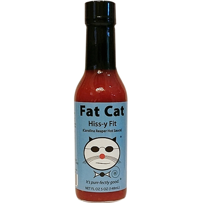 Bottle of Fat Cat Hiss-y Fit Carolina Reaper Hot Sauce with light blue label