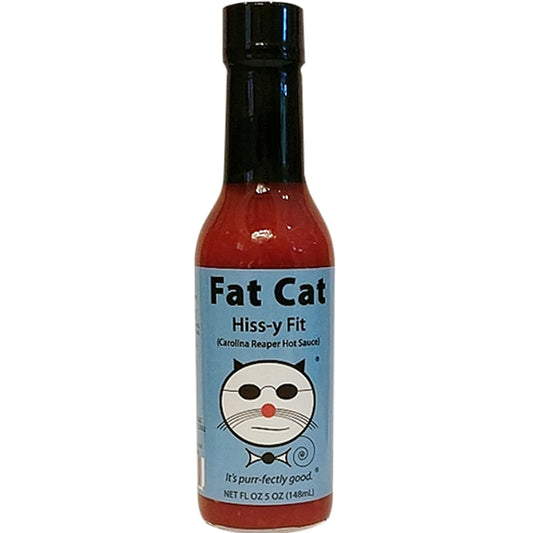 Bottle of Fat Cat Hiss-y Fit Carolina Reaper Hot Sauce with light blue label