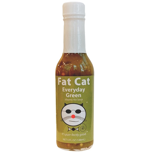 A bottle of Fat Cat Everyday Green Jalapeno Hot Sauce