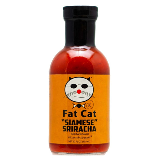 Bottle of Fat Cat Siamese Sriracha sauce on a white background