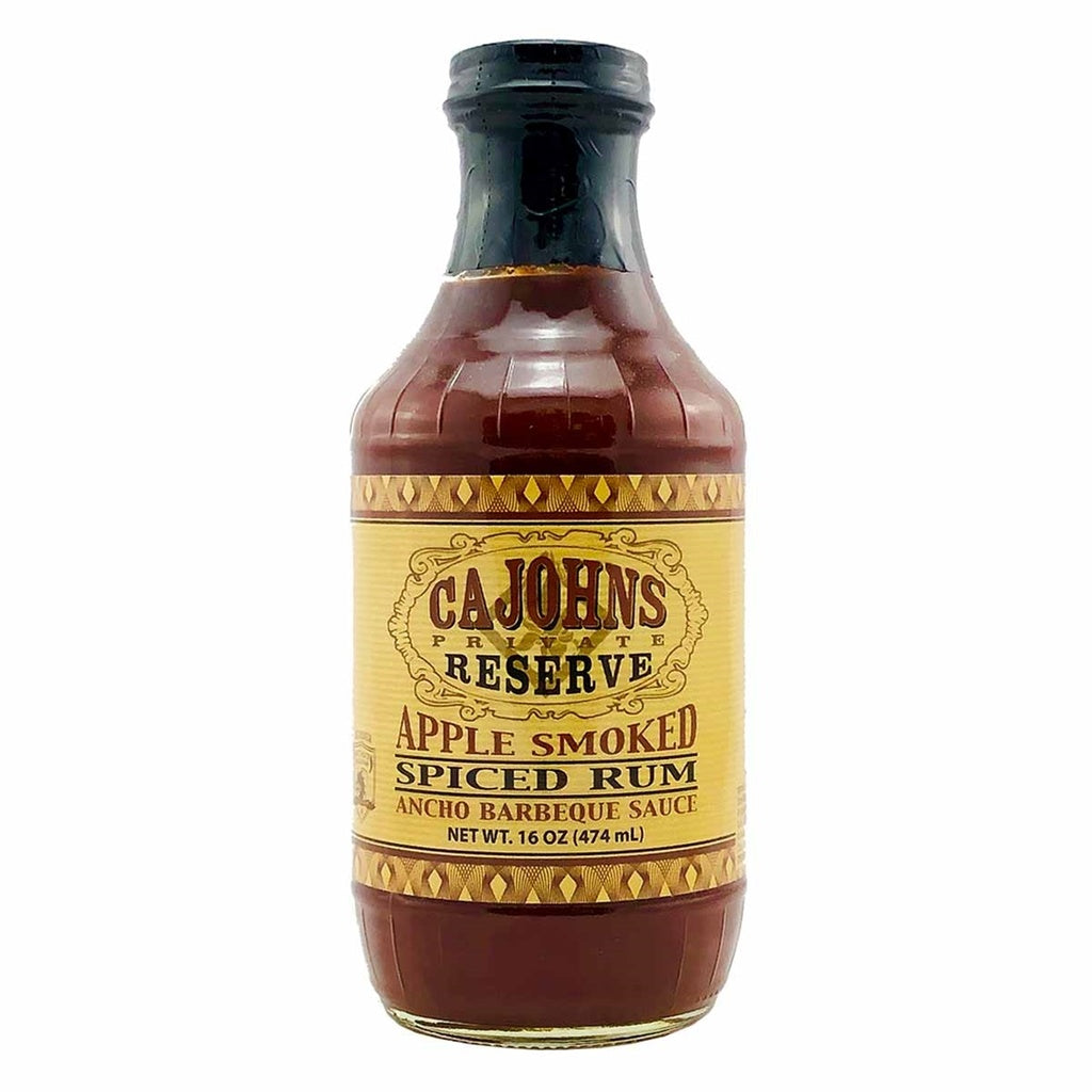 CaJohns Private Reserve Apple Smoked Spiced Rum Ancho Barbeque Sauce 16 fl oz bottle with ancho chile and apple smoke flavor for ribs, pork and chicken