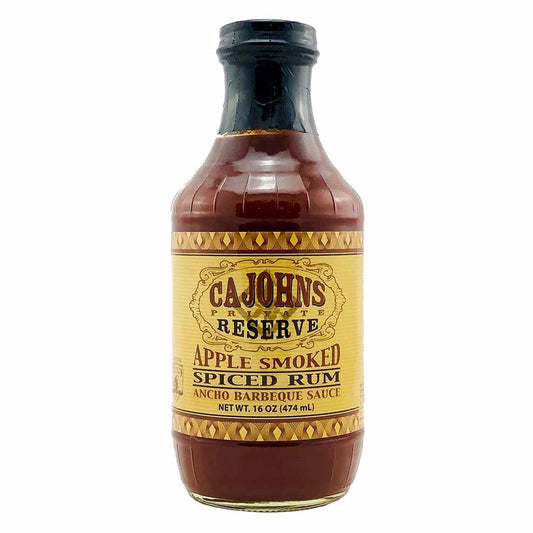 CaJohns Private Reserve Apple Smoked Spiced Rum Ancho Barbeque Sauce 16 fl oz bottle with ancho chile and apple smoke flavor for ribs, pork and chicken