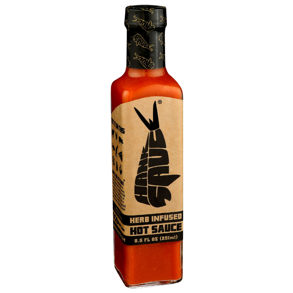Hank Sauce Herb Infused Hot Sauce bottle with aged peppers, garlic and basil, 8.5 fl oz, for burgers, chicken, seafood and vegetables