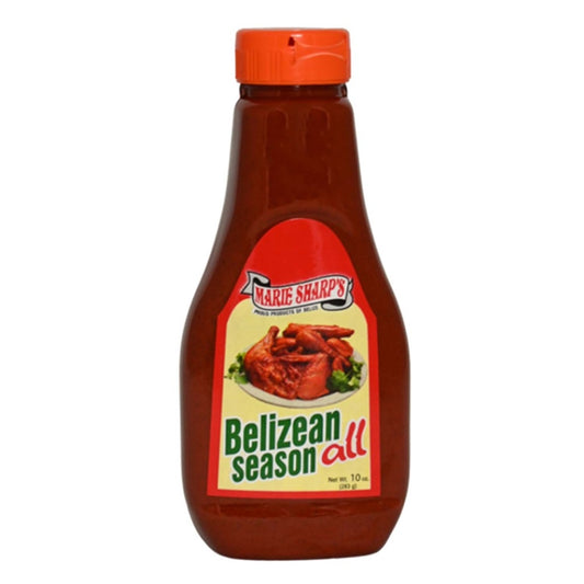 Marie Sharp’s Belizean Season All sauce bottle with red label and savory Caribbean seasoning blend, 10 fl oz