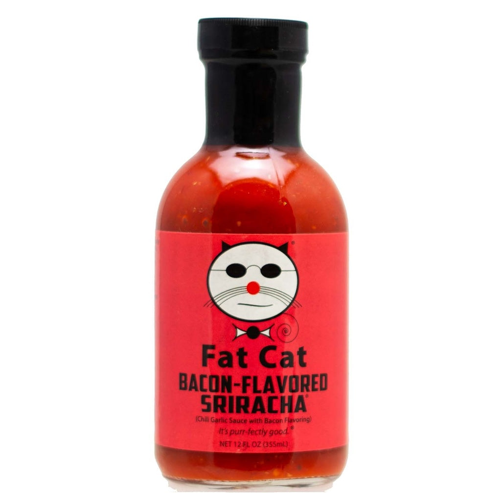 Bottle of Fat Cat Bacon-Flavored Sriracha on a white background