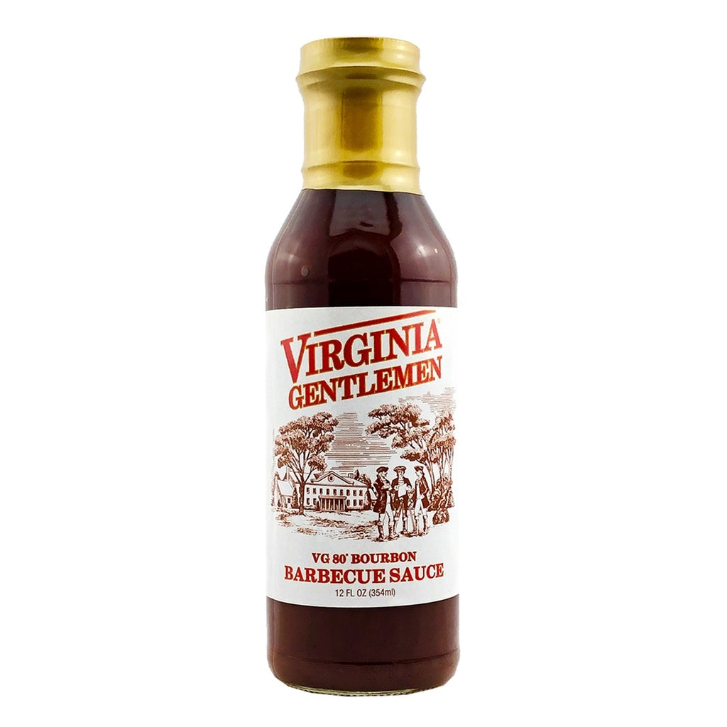 Bottle of Virginia Gentlemen Bourbon Barbecue Sauce with gold cap and vintage label, 12 fl oz bourbon BBQ sauce, UPC 029222219199
