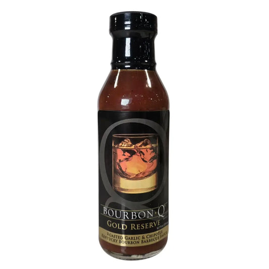 BourbonQ Gold Reserve BBQ Sauce bottle with roasted garlic and chipotle Kentucky bourbon barbecue sauce, 12.7 fl oz, UPC 727517401150