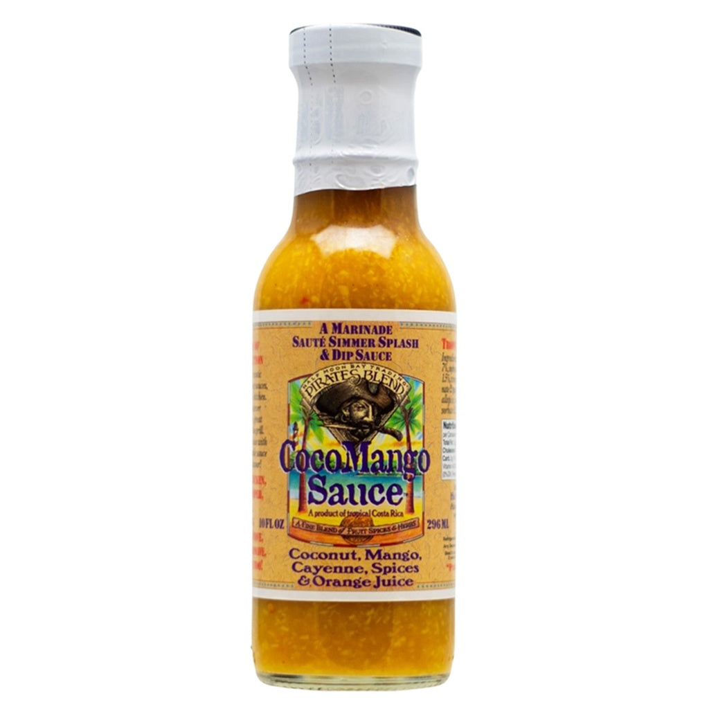 Pirates Blend CocoMango Sauce 10 fl oz tropical mango coconut hot sauce bottle from Costa Rica, UPC 751059900901