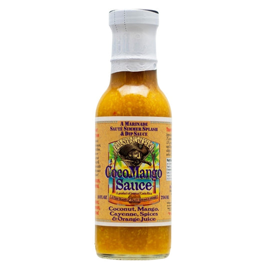 Pirates Blend CocoMango Sauce 10 fl oz tropical mango coconut hot sauce bottle from Costa Rica, UPC 751059900901