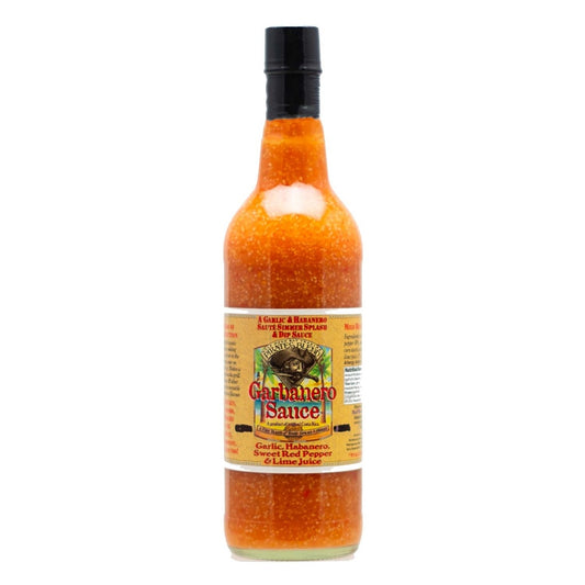 Large 25.7 fl oz bottle of Pirates Blend Garbanero Sauce from Costa Rica with savory garlic and habanero hot sauce label, UPC 751059900758