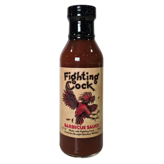 A bottle of Fighting Cock Bourbon Barbecue Sauce with a black cap and tan label featuring a red fighting rooster illustration, containing 12 fl oz (355 mL) of bourbon-infused barbecue sauce, UPC 727517801257