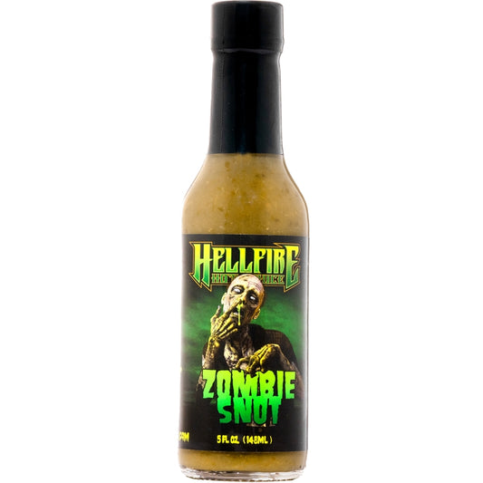 Hellfire Zombie Snot hot sauce bottle on a white background