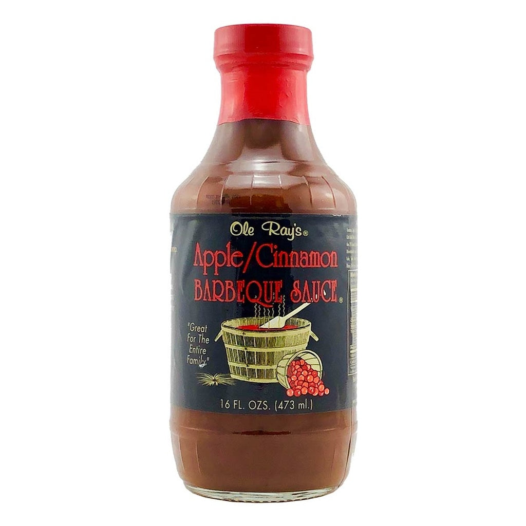 Ole Ray’s Apple Cinnamon Barbecue Sauce bottle with apple and cinnamon label, mild tomato-based BBQ sauce, 16 fl oz