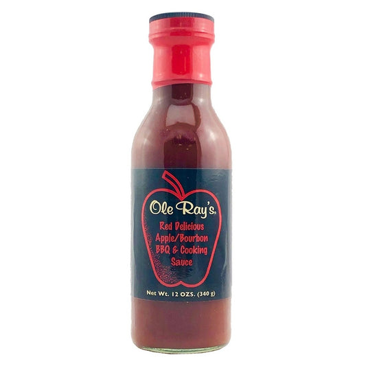 Ole Ray’s Red Delicious Apple Bourbon Barbecue and Cooking Sauce bottle with apple label, mild apple bourbon BBQ sauce, 12 oz