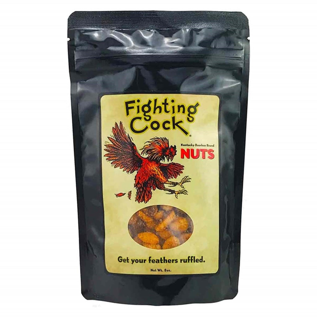 Resealable black pouch of Fighting Cock Kentucky Bourbon Brand Nuts with illustrated red rooster label and visible roasted peanuts through a clear window. UPC 727517810082