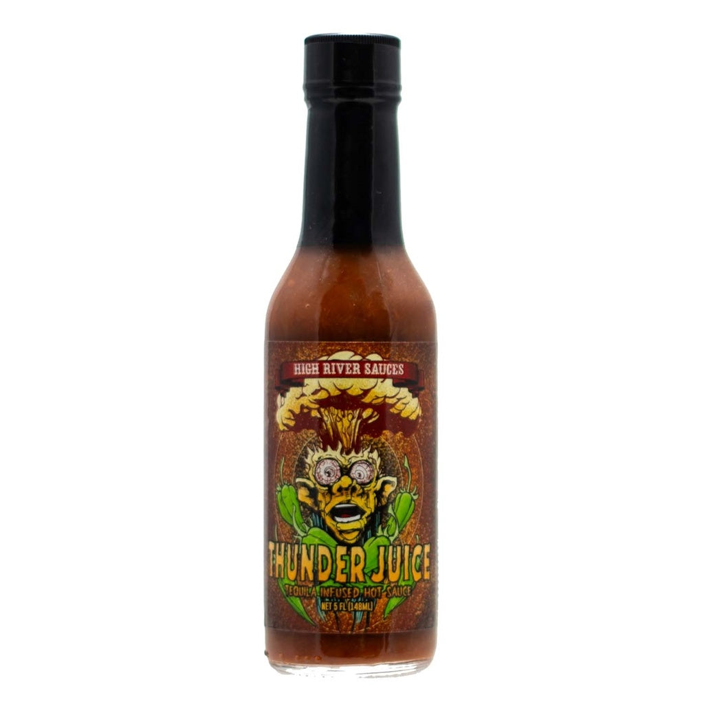 A bottle of High River Sauces Thunder Juice hot sauce filled with a reddish-brown tequila-infused pepper blend. The bottle has a black cap and a bold, illustrated label featuring a shocked character with electricity bursting from their head and green peppers around them. The label reads “Thunder Juice – Tequila Infused Hot Sauce” and shows the size as 5 fl. oz. (148 mL).