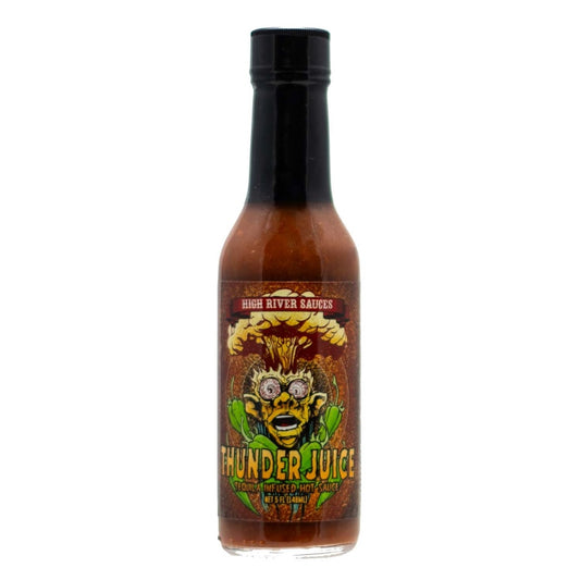 A bottle of High River Sauces Thunder Juice hot sauce filled with a reddish-brown tequila-infused pepper blend. The bottle has a black cap and a bold, illustrated label featuring a shocked character with electricity bursting from their head and green peppers around them. The label reads “Thunder Juice – Tequila Infused Hot Sauce” and shows the size as 5 fl. oz. (148 mL).