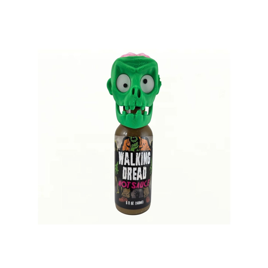 Bottle of Walking Dread Hot Sauce with green zombie face topper and articulated jaw, verde-style jalapeno hot sauce in 5 fl oz glass bottle, UPC 701705500399