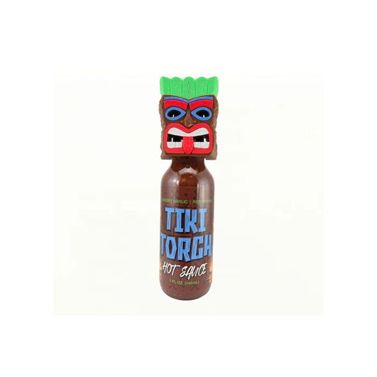Bottle of Tiki Torch Hot Sauce with removable tiki mask topper, tropical red pepper sauce in 5 fl oz glass bottle, UPC 701705500382