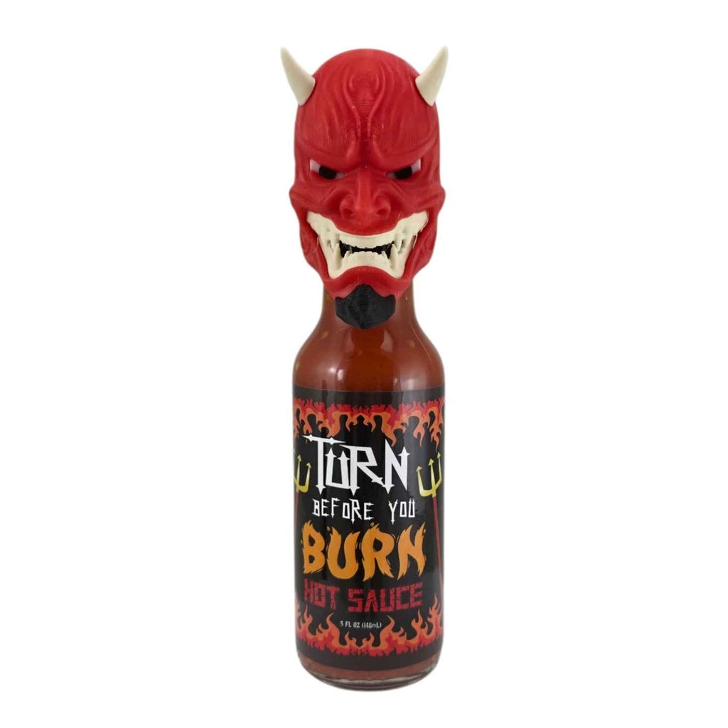 Turn Before You Burn Hot Sauce with Devil Head bottle showing garlic habanero hot sauce with devil topper, 5 fl oz, SKU 5006, UPC 701705500405