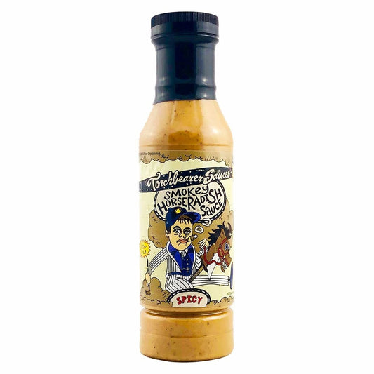 A bottle of Torchbearer Smokey Horseradish Sauce with a black cap and tan, speckled sauce inside. The label shows a cartoon man in a pinstripe suit surrounded by smoke clouds, holding a small toy horse, with bold text reading “Smokey Horseradish Sauce” and “Spicy.”