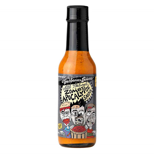Hot sauce bottle with a colorful label featuring cartoon characters on a white background