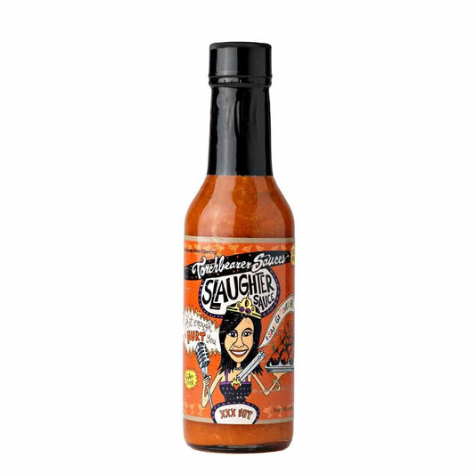 A bottle of Torchbearer Slaughter Sauce with a black cap and bright orange-speckled sauce inside. The label features a cartoon woman wearing a crown and holding a microphone, surrounded by fiery details, with bold text reading “Slaughter Sauce” and “XXX Hot.”