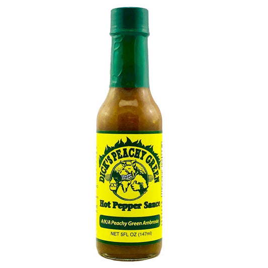 Bottle of Dick's Peachy Green Hot Pepper Sauce with green cap and yellow label on a white background