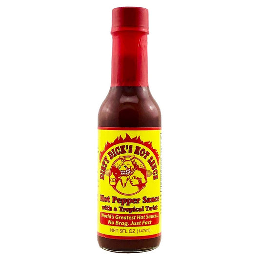 A 5-ounce bottle of Dirty Dick’s Hot Pepper Sauce with a bright yellow label and red cap. The label features a cartoon boar inside a flaming circle and bold text that reads “Dirty Dick’s Hot Sauce” and “Hot Pepper Sauce with a Tropical Twist.”