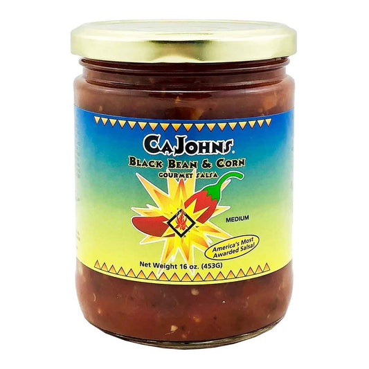 Jar of Cajohn's Black Bean & Corn Gourmet Salsa with colorful label on a white background