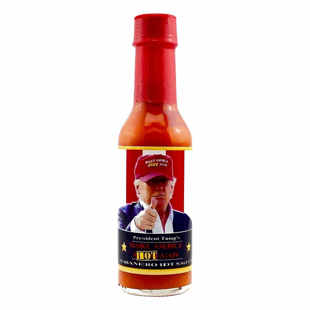 Bottle of President Trumps Make America Hot Again Hot sauce on white backgound
